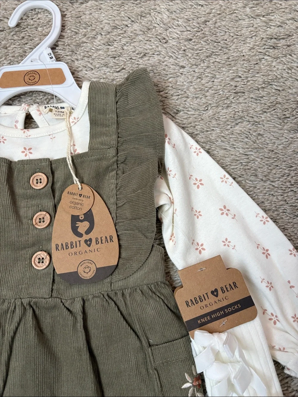 Rabbit & Bear Olive Green Corduroy Pinafore Dress with Cream Floral Top